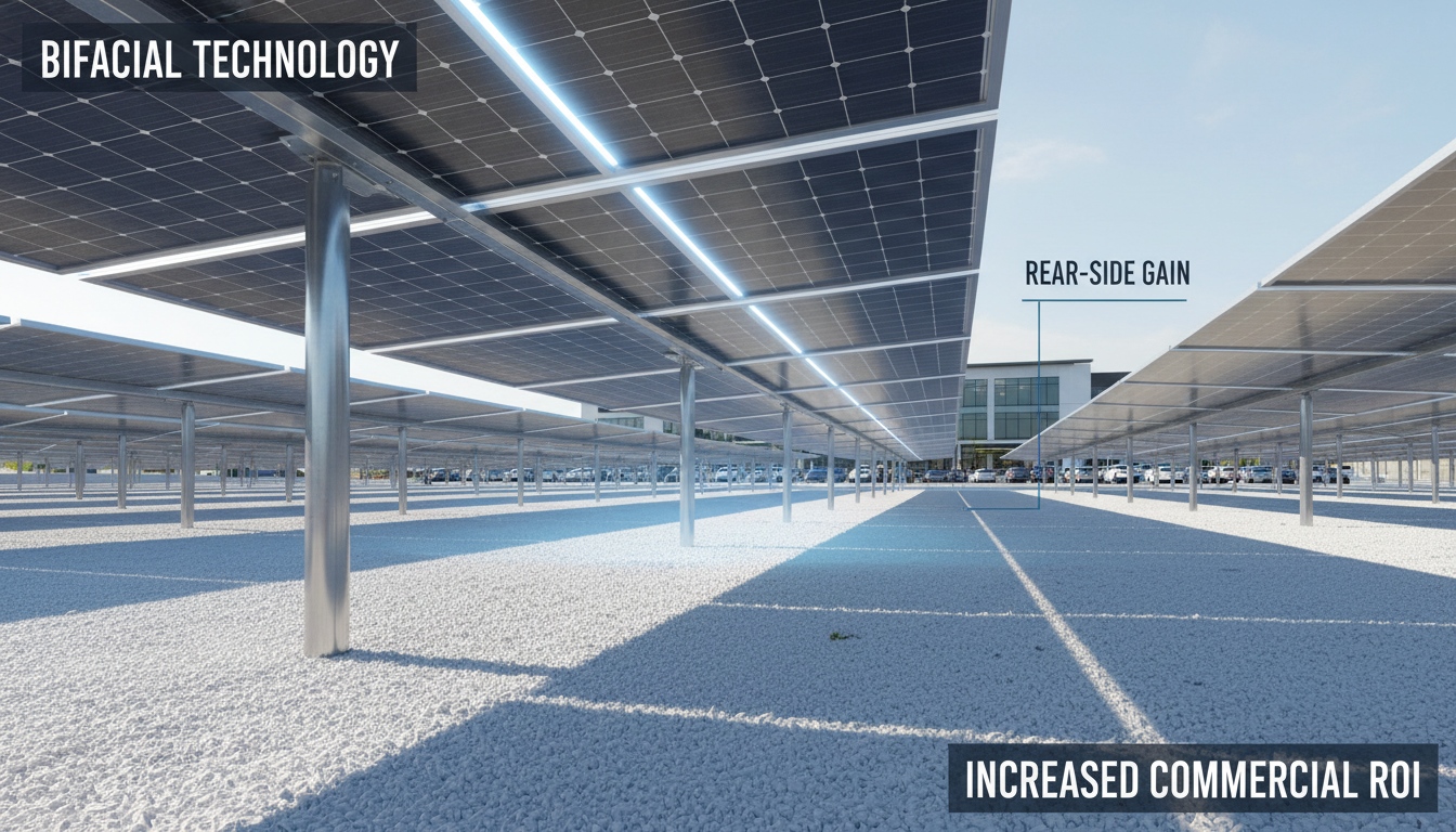 Bifacial solar panels with rear side gain on a reflective surface showing how commercial solar ROI can increase